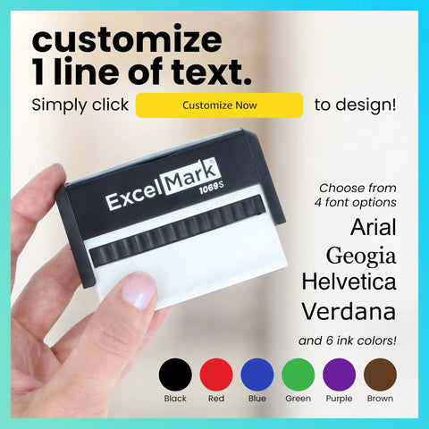 Custom Long Self Inking Rubber Stamp Personalized One Line Office Supplies Re Inkable six ink colors shown in hand.