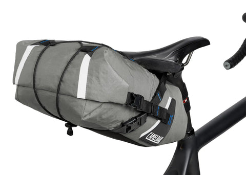 Mule 9 Bikepacking Rolltop Waterproof Saddle Bag For Tents And Gear With IPX5 Rating Easy Access Secure Mounting Reflective Trim