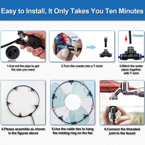 Easy installation steps for Outdoor Fan Misting Kit 35Ft For Patio And Deck Cooling, Double Loop Mist System DIY