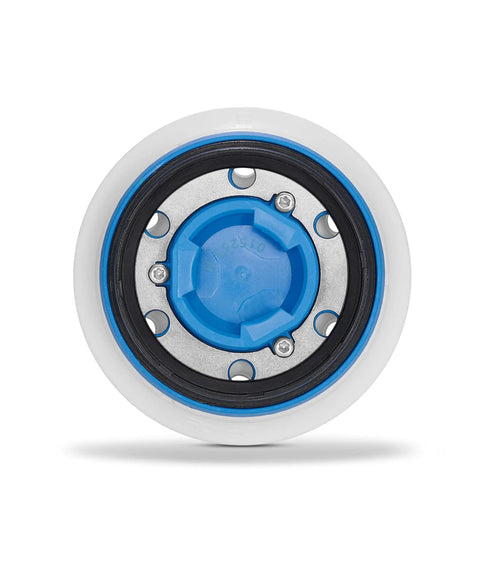 Three And A Half Inch Hard Pad For RO 90 DX Sander, front view showing blue and black components, ideal for crisp and flat edges.