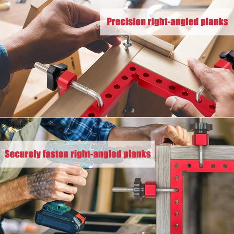 Pro Grade Aluminum Corner Clamps For Woodworking Must Have 90 Degree Right Angles 2 Pack Five And A Half Inch By Five And A Half Inch Durable Rust Resistant Clamps For Cabinets Picture Frames And Drawers Quick Alignment in use on wooden planks.