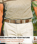 Person wearing Men's Golf Belt Braided Woven Stretch Belt Multi Pack Gift Ready Casual Jeans Sports And Work Fully Adjustable With Direct Lock In Strap For All Day Comfort Beige And Dark Gray Color Options 1 3 Eighths Inch Waist Fits 36 To 40 Inches