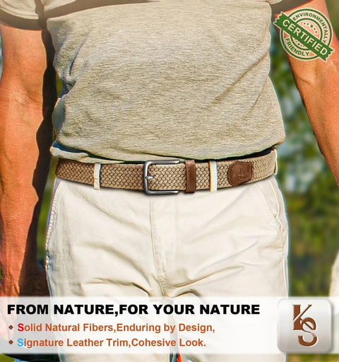 Person wearing Men's Golf Belt Braided Woven Stretch Belt Multi Pack Gift Ready Casual Jeans Sports And Work Fully Adjustable With Direct Lock In Strap For All Day Comfort Beige And Dark Gray Color Options 1 3 Eighths Inch Waist Fits 36 To 40 Inches