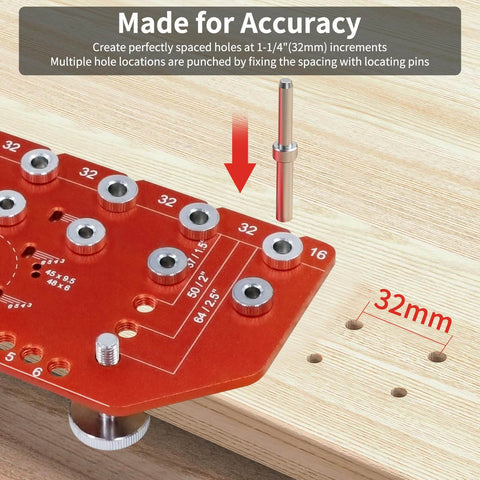 Close-up of a red 2 In 1 Shelf Pin And Hinge Jig For DIY Cabinets And Home Projects on wood, showing drill guide holes