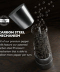 Close-up of stainless steel pepper grinder showing carbon steel mechanism, pepper pouring out. Pepper Grinder With Adjustable Six Level Grind.