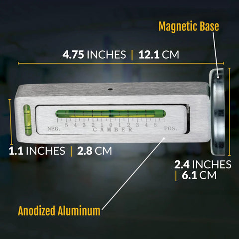 Garage Ready Camber Caster Gauge With Heavy Duty Magnetic Mount Plus Six To Minus Six Degree Range Precision Wheel Alignment Tool measuring camber settings with a magnetic base.