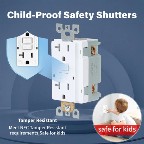 GFCI Outlet 15 Amp Self Test, Tamper Resistant Receptacle Pack, child-proof safety feature, kid in room