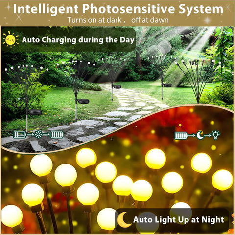 Two Pack Solar Garden Lights With 12 LED Firefly Lights illuminated along a garden pathway, weatherproof outdoor decor