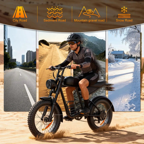 Electric Bike For Adults With 1600W Peak Motor 35 MPH Top Speed 60 Mile Range 18.9Ah Battery 20 Inch Fat Tire Moped E Bike Retro Style Headlights Shipped From USA Warehouse Durable Aluminum Frame For Comfort On All Terrain Rides on sand and snow
