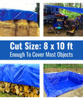 Blue 8x10 Foot Heavy Duty Waterproof Tarps Pack Of 4 For Camping And Outdoor Projects, covering hay, camper, logs, and pit