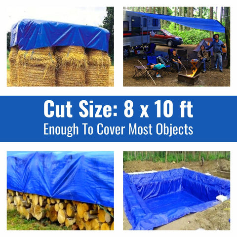 Blue 8x10 Foot Heavy Duty Waterproof Tarps Pack Of 4 For Camping And Outdoor Projects, covering hay, camper, logs, and pit