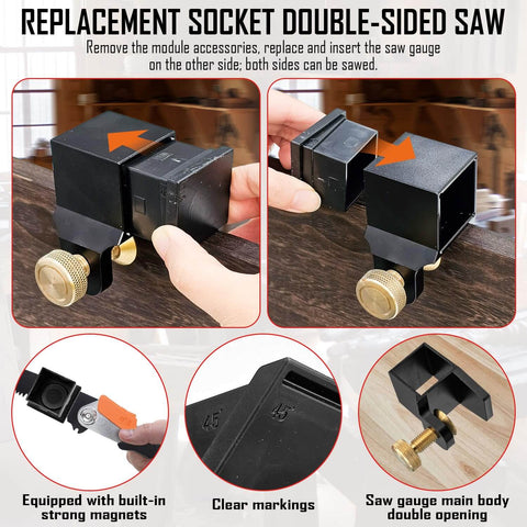 Dovetail Jig Guide With Eight Magnetic Modules Pro Grade For Woodworking Precision Layout And Marking 1 To 4 1 To 9 Ratios Plus 45 Degree And 90 Degree Guides Aluminum Alloy Build Hand Saw Cutting Gauge All In One Wood Joints Saw Guide Kit in use showing double-sided feature and module removal.