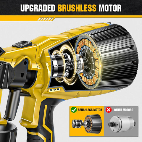 Cordless HVLP paint sprayer showcasing an upgraded brushless motor in cutaway view, highlighting efficiency and performance.