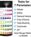 Game Changer 7 In 1 Pond Water Test Kit With 50 Strips For Fish Tanks And Koi Ponds Tests pH Alkalinity Nitrate Chlorine Hardness, 7 parameters.