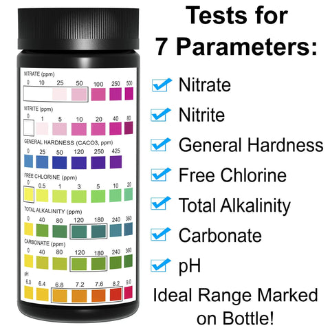 Game Changer 7 In 1 Pond Water Test Kit With 50 Strips For Fish Tanks And Koi Ponds Tests pH Alkalinity Nitrate Chlorine Hardness, 7 parameters.