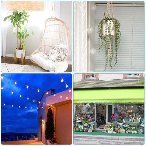 Collage of outdoor lights, hanging chair, plant holder, and flower shop