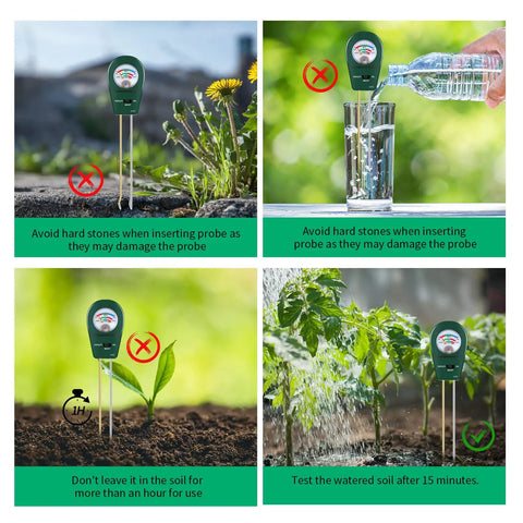 Three In One Soil Tester For Garden And Lawn Care With PH Fertility Test And Moisture Meter displayed in various use scenarios