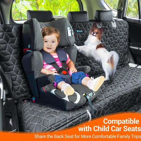 Waterproof Dog Car Seat Cover For SUVs Back Seat Heavy Duty Nonslip Bench Protector Fits RAV4 Honda Subaru Mazda CX5 Hyundai Tucson And More Keeps Seats Clean From Hair And Dirt with child and dog on cover
