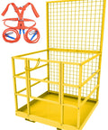 Forklift safety cage with 43x45 in yellow metal mesh sides; includes red safety harness.