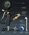 Front view of AstroAI tire pressure gauge with inflator, 2.5 inch glow dial, brass air chuck, and case
