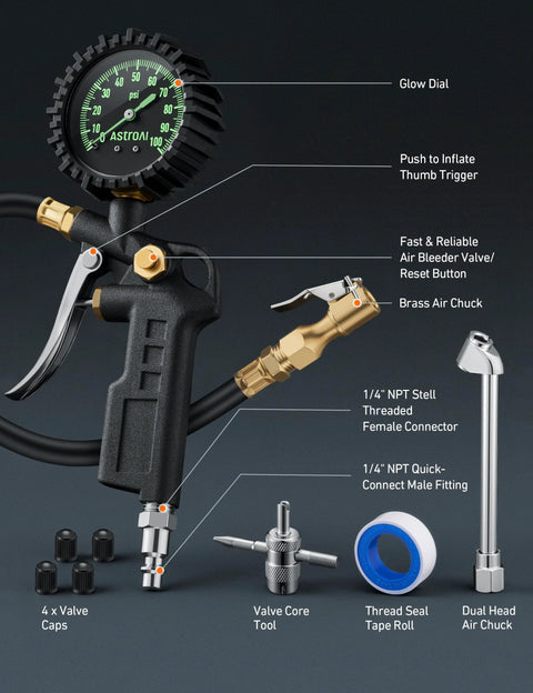 Front view of AstroAI tire pressure gauge with inflator, 2.5 inch glow dial, brass air chuck, and case