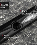 12 Inch Linear Shower Drain With Capsule Pattern Cover And Accessories, Matte Black Rectangular Floor Drain, SUS304 Stainless Steel, CUPC Certified, Removable Grate, Easy Install Kit, No Hub Base Compatible showcasing water drainage over black surface