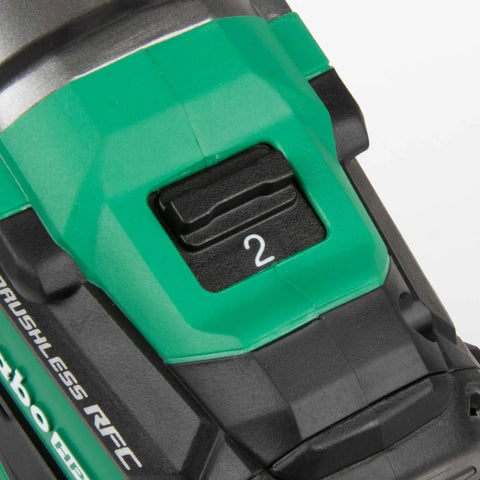 Close-up of speed control on green 18V MultiVolt Cordless One Half Inch Hammer Drill Tool Only No Battery Reactive Force Control