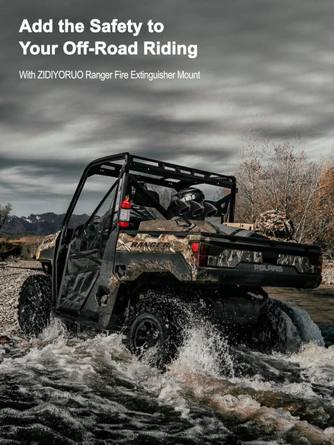 Polaris Ranger with Fire Extinguisher Mount With Quick Release Holder And Aluminum Bracket driving through water