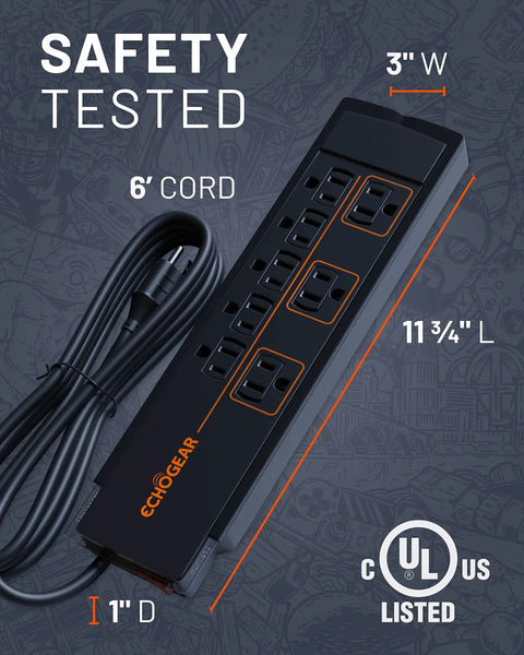 Eight Outlet Surge Protector Power Strip With Slim Profile And 3420 Joules Of Protection For Your TV, Office, Or Gaming Setup