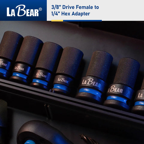 Row of 3/8in drive female to 1/4in hex converter adapters with CrMo steel quick release chuck