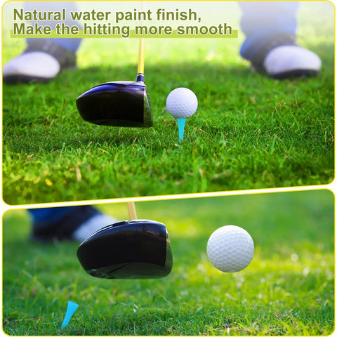 Must Have One Thousand Bulk Golf Tees Pack in use, 3-1/4 in wooden bamboo tees with lake blue lines under golf ball during practice