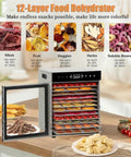 Big Capacity Food Dehydrator And Freeze Dryer Machine Featuring Stainless Steel Trays For Hassle Free Fruit Vegetable Herb And Meat Jerky Drying At Home Today with 12 layers and food displayed.