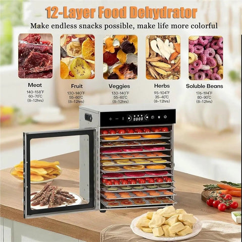 Big Capacity Food Dehydrator And Freeze Dryer Machine Featuring Stainless Steel Trays For Hassle Free Fruit Vegetable Herb And Meat Jerky Drying At Home Today with 12 layers and food displayed.