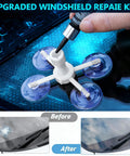 Close-up of Fast Acting Windshield Repair Kit With Nano Glass Repair Fluid for Chips and Cracks, blue liquid application on glass.