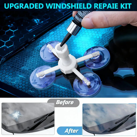 Close-up of Fast Acting Windshield Repair Kit With Nano Glass Repair Fluid for Chips and Cracks, blue liquid application on glass.