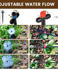 Adjustable emitters in 110 Ft Quick-Connect Drip Irrigation Kit For Lawn, Garden And Greenhouse showing water flow sizes.