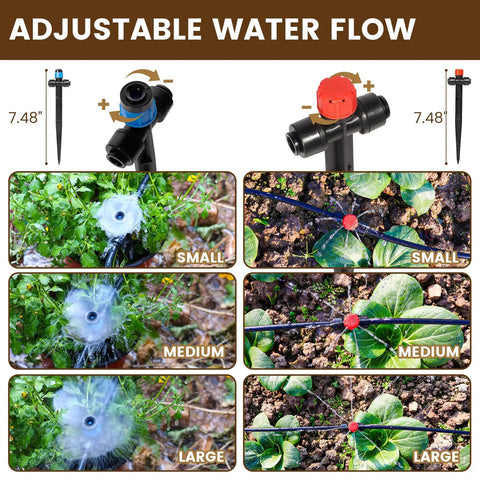 Adjustable emitters in 110 Ft Quick-Connect Drip Irrigation Kit For Lawn, Garden And Greenhouse showing water flow sizes.