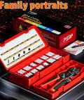 Open red box displaying Crimping Tool And Dupont Connector Kit With 21 Styles, 2.54mm Dupont Connectors, crimp pins, 2.5mm JST-XH contacts
