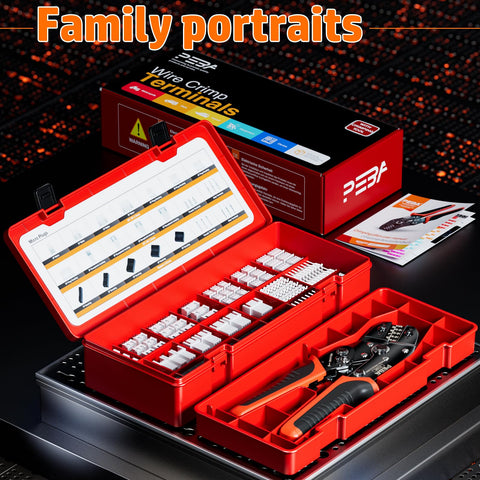 Open red box displaying Crimping Tool And Dupont Connector Kit With 21 Styles, 2.54mm Dupont Connectors, crimp pins, 2.5mm JST-XH contacts