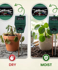 All In One Soil Tester For Moisture pH And Light With Battery Free Analog Meter And Stainless Steel Probe For Indoor And Outdoor Gardening And Lawn Care No Guesswork showing dry and moist potted plants