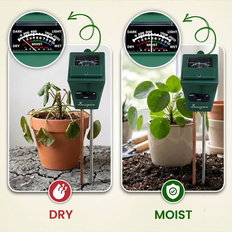 All In One Soil Tester For Moisture pH And Light With Battery Free Analog Meter And Stainless Steel Probe For Indoor And Outdoor Gardening And Lawn Care No Guesswork showing dry and moist potted plants