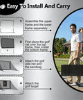 Easy installation guide for 10x7ft Backyard Golf Net With Auto Return And Side Barriers Real Golf Ball Practice Screen Mat Set And Garage Simulator Cage For Safe At Home Driving Range Durable Hitting System Ideal Fathers Gift Black and image of man carrying golf net bag in backyard