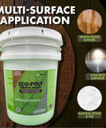 Rock Solid Polyurethane Floor Sealant For Hardwood And Exterior Decks Ultra Clear Gloss Water Based Non Toxic Varnish 5 Gallon Bucket with multiple application surfaces.