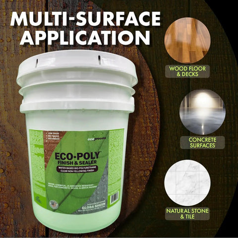 Rock Solid Polyurethane Floor Sealant For Hardwood And Exterior Decks Ultra Clear Gloss Water Based Non Toxic Varnish 5 Gallon Bucket with multiple application surfaces.