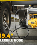 Cordless 12000 PSI Grease Gun With 39 Inch Hose, Dual Pistol And Inline Grip, Works With Bulk Or Cartridge Grease, Compatible With DeWalt 20V Batteries, Tool Only, connected to vehicle wheel.