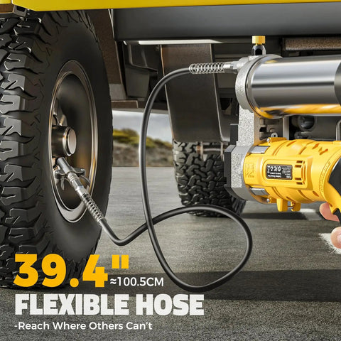 Cordless 12000 PSI Grease Gun With 39 Inch Hose, Dual Pistol And Inline Grip, Works With Bulk Or Cartridge Grease, Compatible With DeWalt 20V Batteries, Tool Only, connected to vehicle wheel.