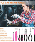Pink Car Emergency Kit For Women And Teens, roadside tools including screwdriver, pliers, pink utility knife, and hammer