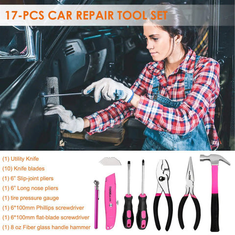 Pink Car Emergency Kit For Women And Teens, roadside tools including screwdriver, pliers, pink utility knife, and hammer