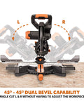 Front view of Dual Bevel Sliding Miter Saw for Wood Metal Plastic, 10-Inch Multi-Material Cutting with 45/45 Degree Dual Bevel and 50/50 Miter.