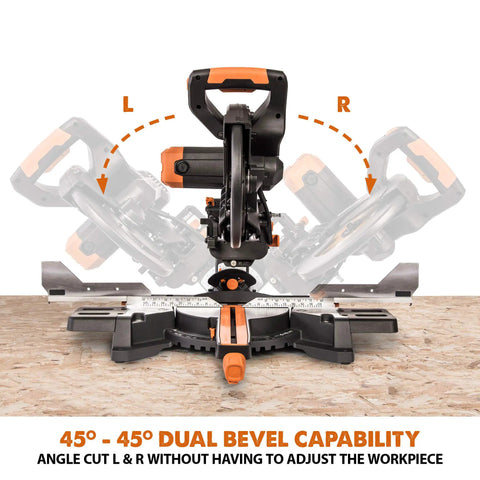 Front view of Dual Bevel Sliding Miter Saw for Wood Metal Plastic, 10-Inch Multi-Material Cutting with 45/45 Degree Dual Bevel and 50/50 Miter.